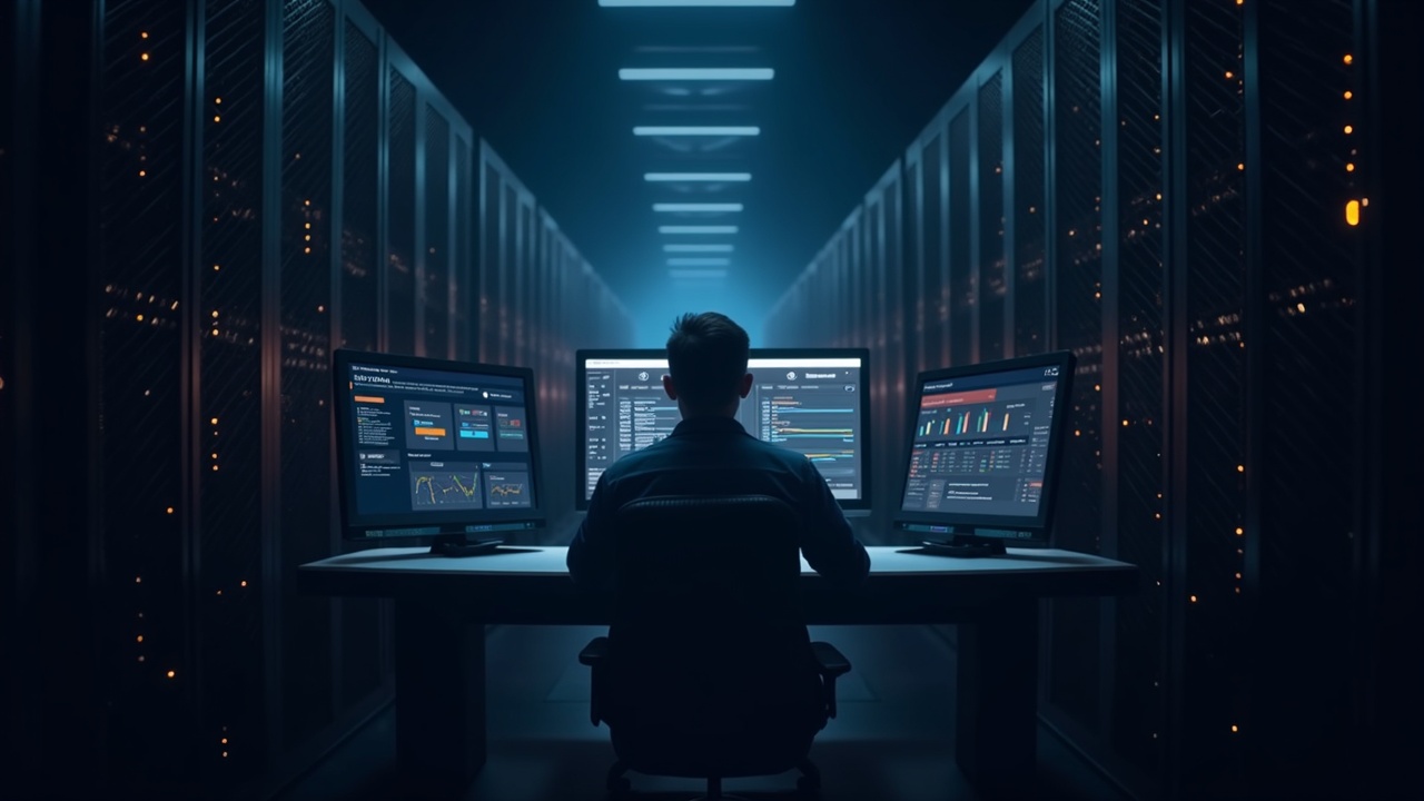Center-shot of a Bitcoin mining facility with standardized racks and a technician at a central dashboard highlighting open-source management.