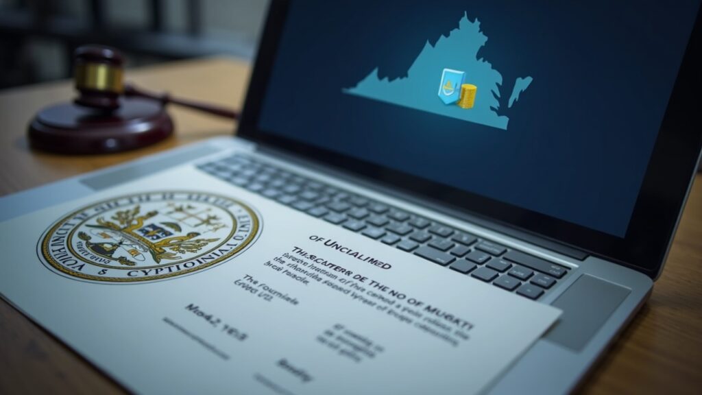 Editorial shot: Virginia state seal with legal document on unclaimed crypto custody and a monitor showing a wallet icon.