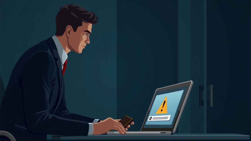 Security analyst in a suit at a desk reviews a laptop showing a phishing warning, with a hardware wallet visible.