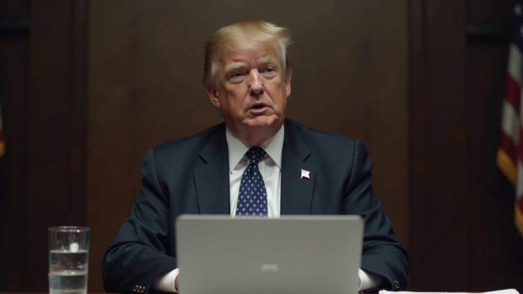 Suited economist presenting a White House CEA report on stablecoins with documents and a laptop on the table.