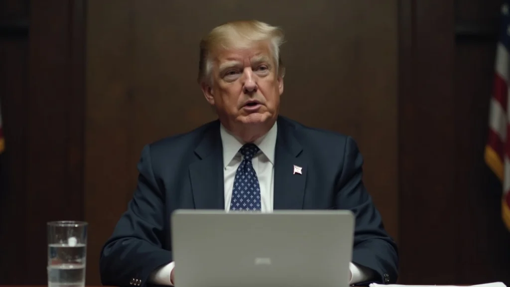 Suited economist presenting a White House CEA report on stablecoins with documents and a laptop on the table.