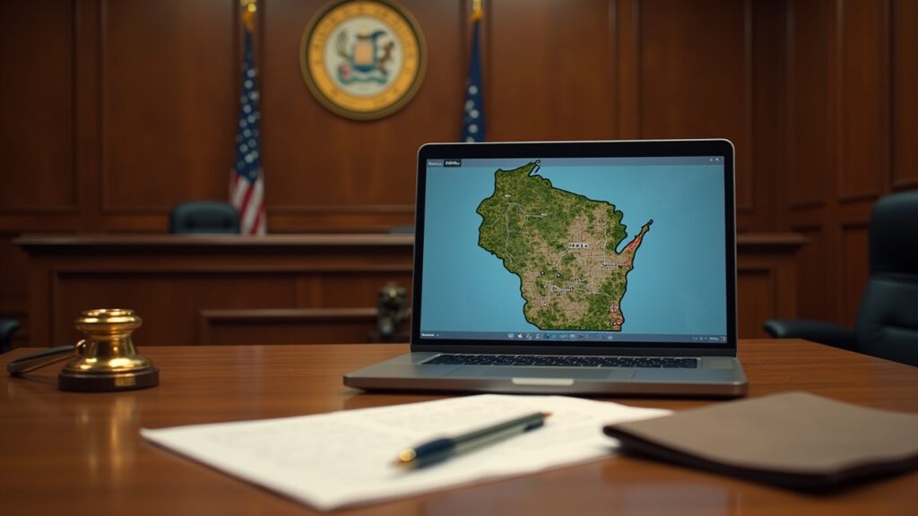 Courtroom desk with Wisconsin seal, documents, and a laptop showing a geofence map of the DOJ crackdown on Kalshi and Polymarket.