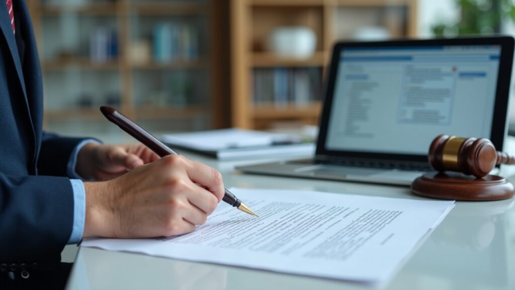 Lawyer signs RR/BAYC settlement at desk; gavel, laptop with NFT terms, newsroom backdrop.