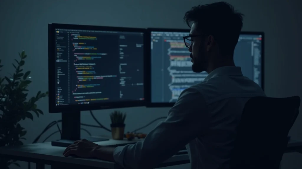 Developer at a clean desk, monitor with code and a subtle Ethereum logo, representing AI-assisted crypto verification.