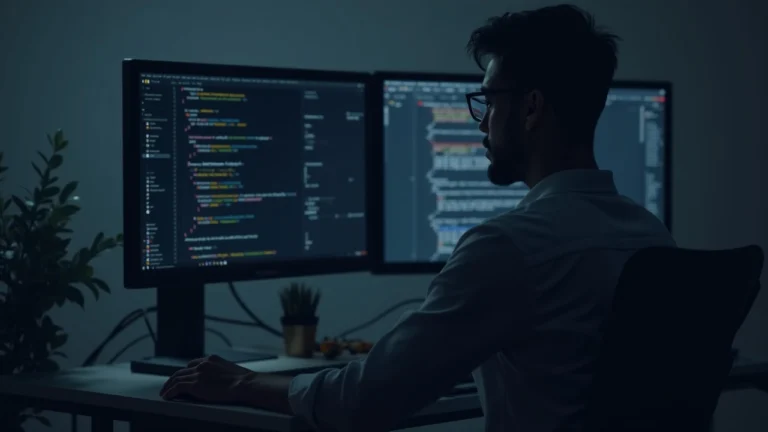 Developer at a clean desk, monitor with code and a subtle Ethereum logo, representing AI-assisted crypto verification.