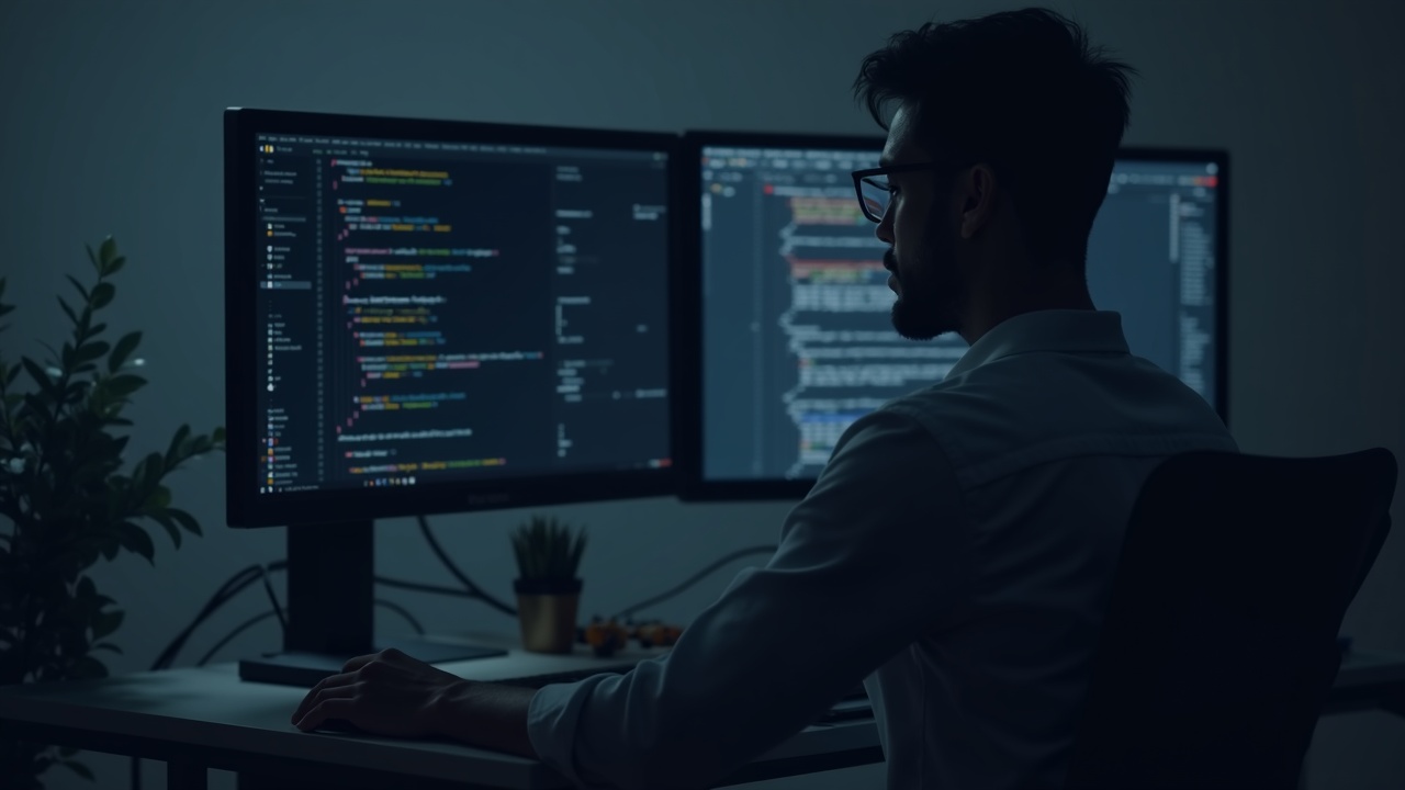 Developer at a clean desk, monitor with code and a subtle Ethereum logo, representing AI-assisted crypto verification.