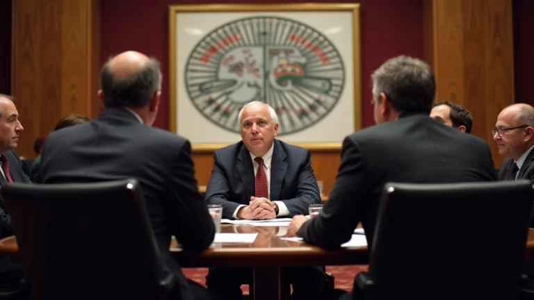 Policy briefing with suited executives around a table, Americans for Fair Markets banner, prediction-market regulation.