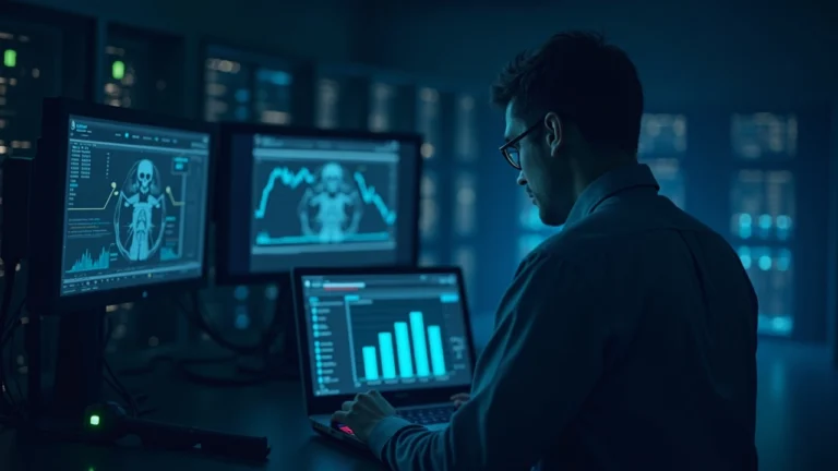 Professional in a data center reviews servers and screens showing AI agent infrastructure and encrypted on-chain trading.