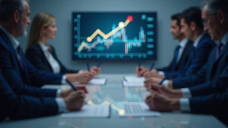 Boardroom scene with Arbitrum logo on screen, rising chart, and hands signing a six-member Security Council multisig document.