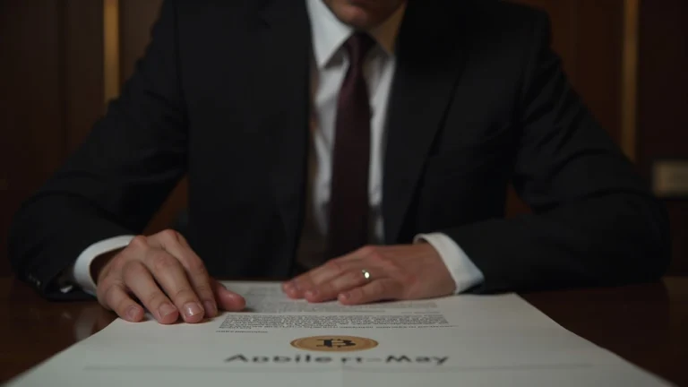 Editorial portrait of a suited lawmaker at a desk reviewing the ARMA bill, with a Bitcoin symbol on the document