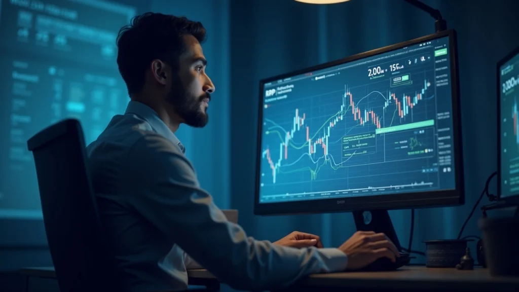 Editorial portrait of a banking professional at a desk with a monitor showing tokenized U.S. Treasuries on the XRP Ledger.