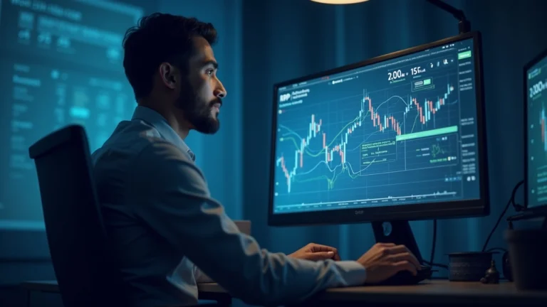 Editorial portrait of a banking professional at a desk with a monitor showing tokenized U.S. Treasuries on the XRP Ledger.