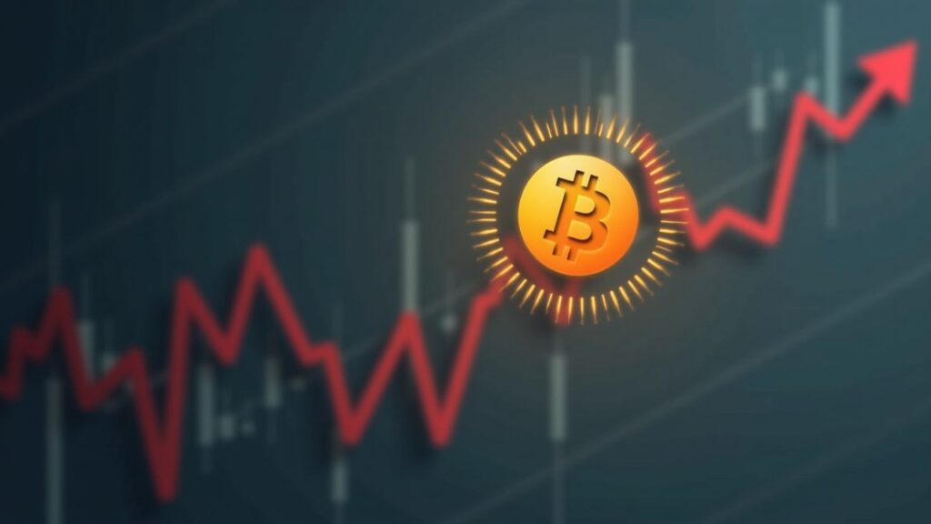 Editorial-style Bitcoin logo centered over a muted financial backdrop with an upward ETF inflow chart