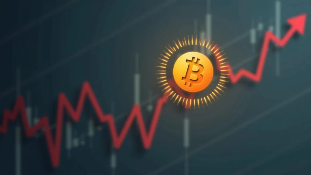 Editorial-style Bitcoin logo centered over a muted financial backdrop with an upward ETF inflow chart