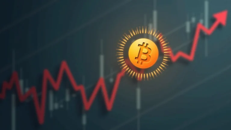 Editorial-style Bitcoin logo centered over a muted financial backdrop with an upward ETF inflow chart