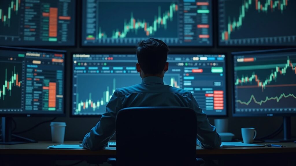 Analyst at a newsroom desk watches Bitcoin charts and ETF logos, illustrating nervous capital and liquidity shocks.