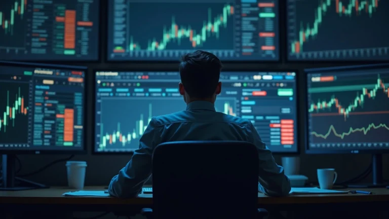 Analyst at a newsroom desk watches Bitcoin charts and ETF logos, illustrating nervous capital and liquidity shocks.