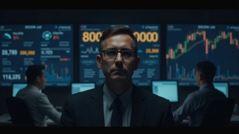 Newsroom scene with a focused analyst, Bitcoin price board under 80k, faded ETF logos in background.