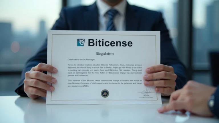 A professional presents a BitLicense certificate on a desk, NYDFS seal visible, blurred New York skyline.
