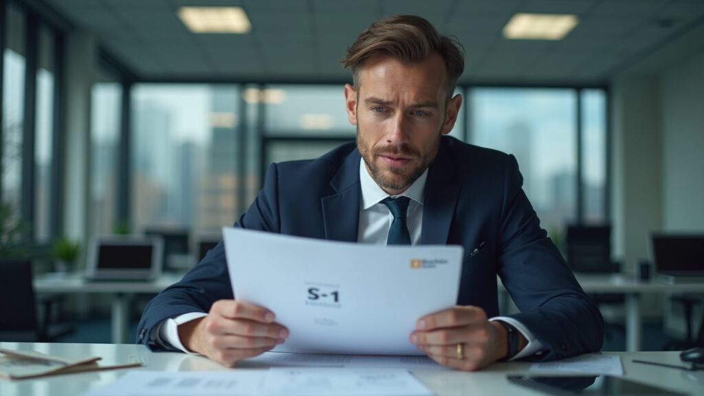 Editorial portrait of a crypto executive reviewing confidential S-1 documents in a Blockchain.com-branded office.