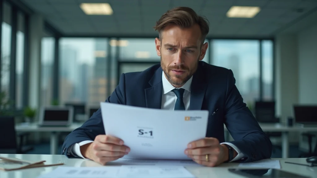 Editorial portrait of a crypto executive reviewing confidential S-1 documents in a Blockchain.com-branded office.