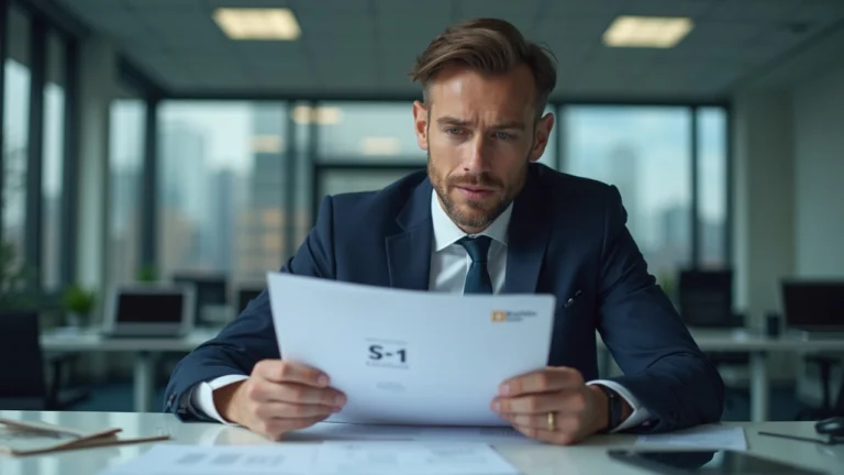 Editorial portrait of a crypto executive reviewing confidential S-1 documents in a Blockchain.com-branded office.