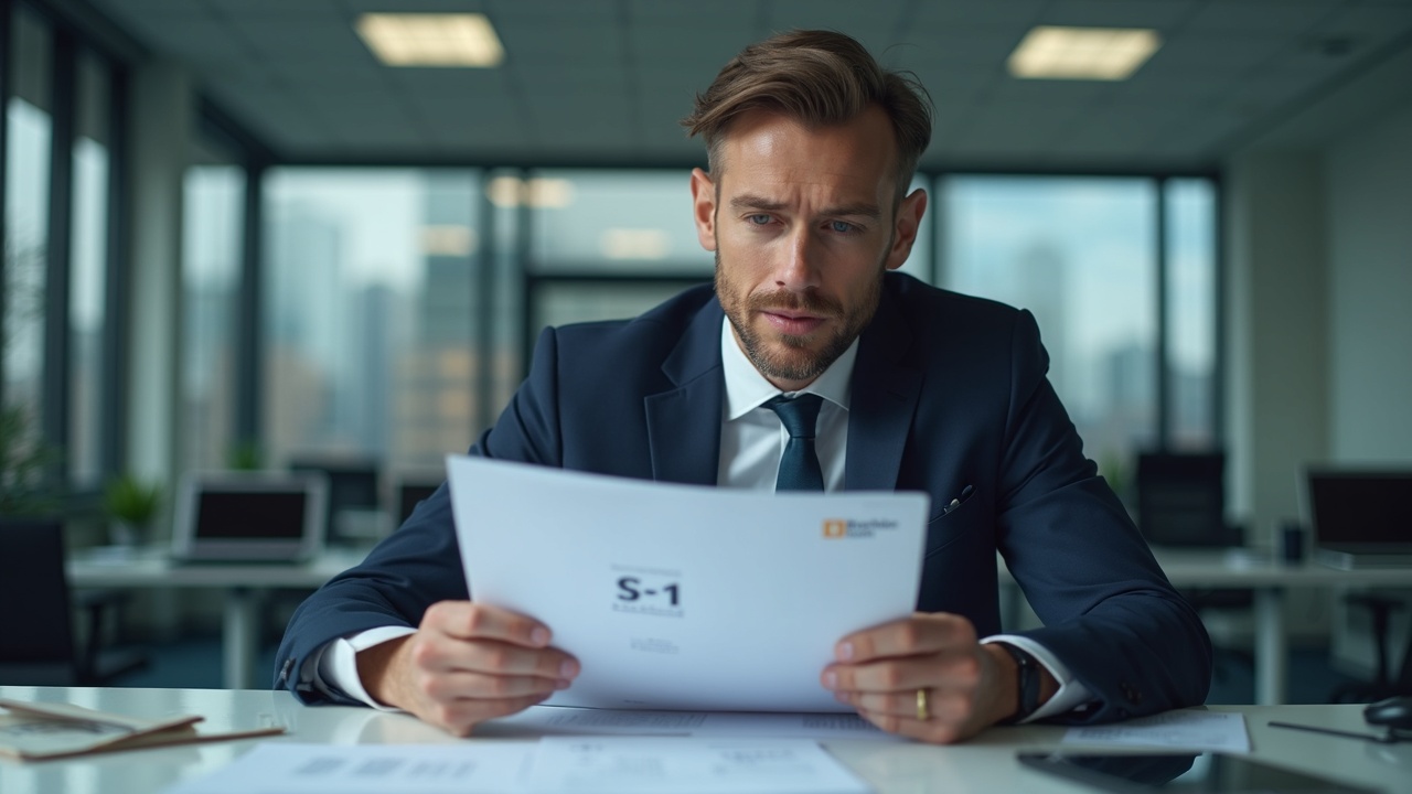 Editorial portrait of a crypto executive reviewing confidential S-1 documents in a Blockchain.com-branded office.