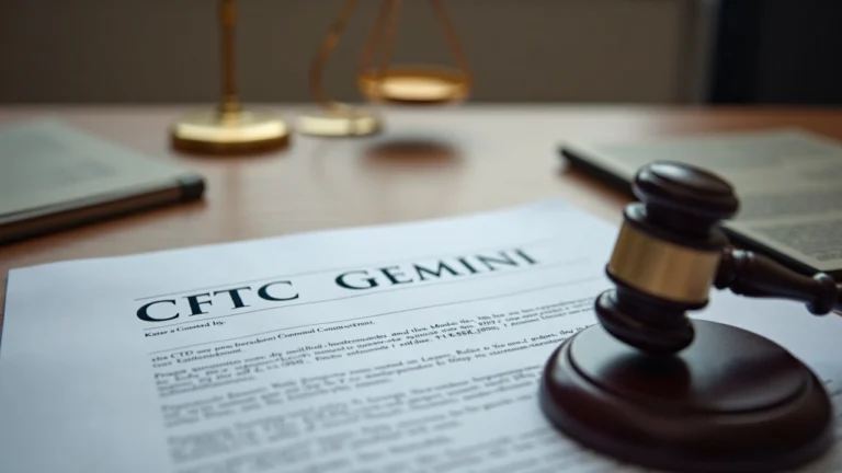 Desk with CFTC and Gemini documents, a gavel and scales in focus under newsroom lighting signaling a vacating $5M consent.