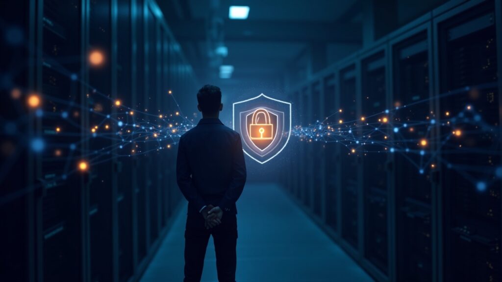 Security engineer beside data center server racks, shield icon and glowing blockchain lines signaling a secure oracle network.