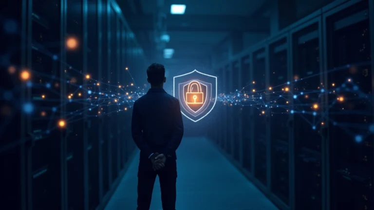 Security engineer beside data center server racks, shield icon and glowing blockchain lines signaling a secure oracle network.