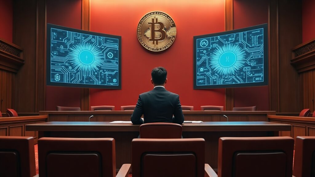 Editorial courtroom scene in a modern Chinese courthouse showing crypto icons and AI circuit graphics on screens.