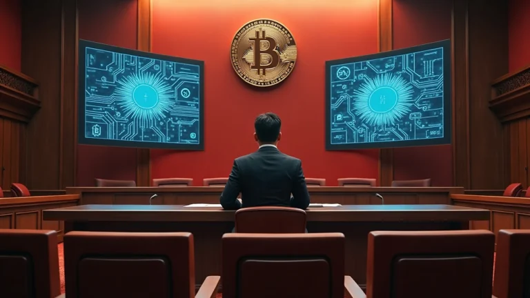 Editorial courtroom scene in a modern Chinese courthouse showing crypto icons and AI circuit graphics on screens.