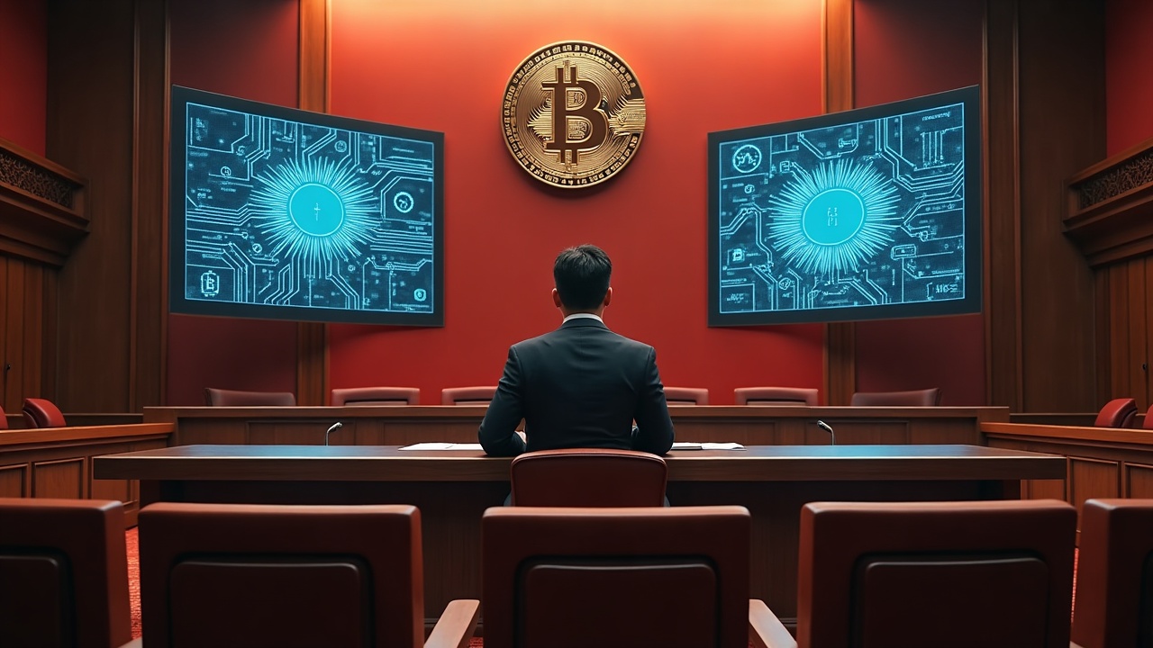 Editorial courtroom scene in a modern Chinese courthouse showing crypto icons and AI circuit graphics on screens.