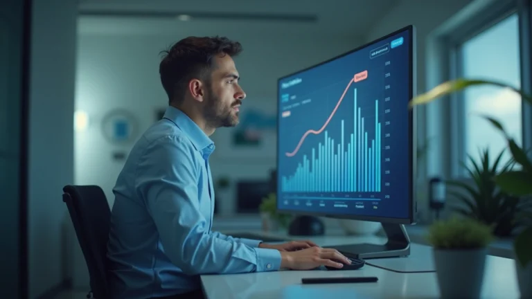 Portrait of a Circle executive in a sleek office with a screen showing revenue up and costs rising.