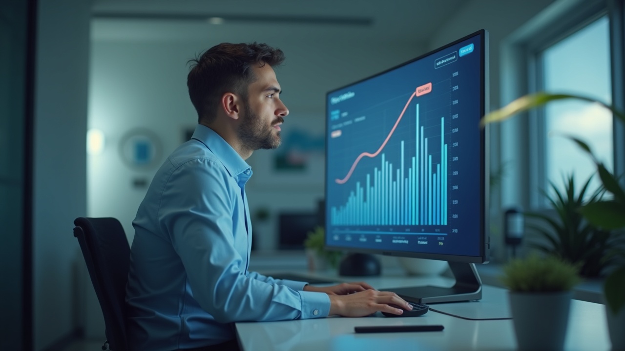 Portrait of a Circle executive in a sleek office with a screen showing revenue up and costs rising.