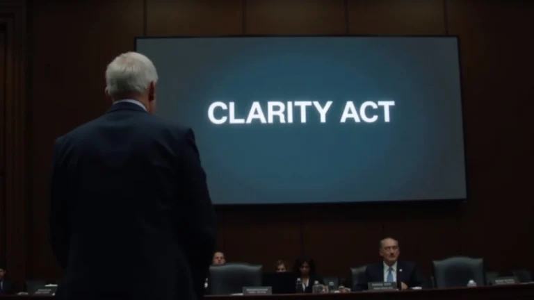 Senate hearing room with a large screen displaying CLARITY Act text and a suited executive, newsroom atmosphere