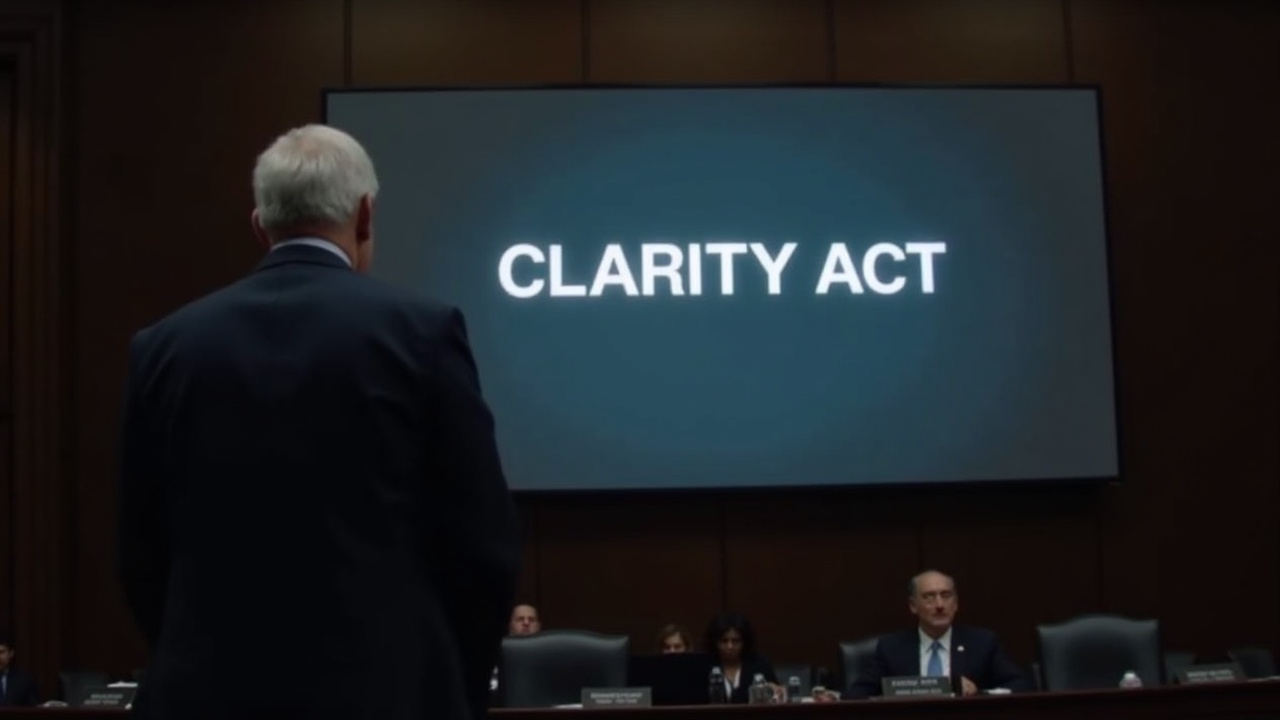 Senate hearing room with a large screen displaying CLARITY Act text and a suited executive, newsroom atmosphere