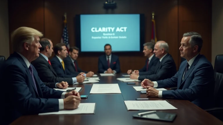 Bankers and regulators in a briefing room, CLARITY Act screen with documents and a ledger.