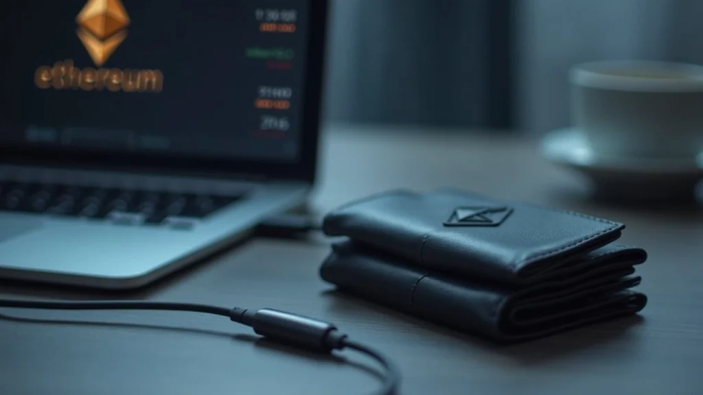 Editorial shot of a hardware wallet connected to a laptop displaying a clear Ethereum transaction summary