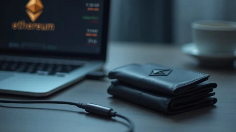 Editorial shot of a hardware wallet connected to a laptop displaying a clear Ethereum transaction summary