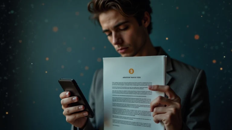Editorial portrait: person with a hardware wallet beside a sealed will on a blockchain grid.