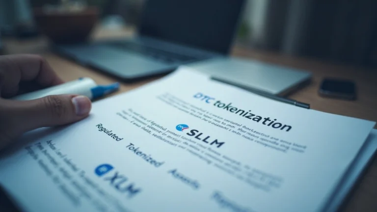 Editorial finance desk with documents labeled DTC tokenization and Stellar XLM, illustrating regulated tokenized assets.