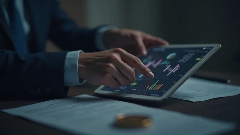 Compliance officer at desk reviewing tablet with tokenized real-world assets, Ethereum UI, and legal documents.