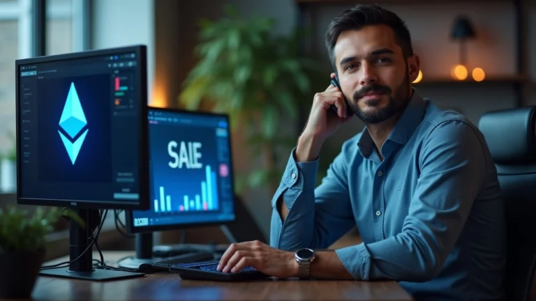 Newsroom portrait of a crypto thinker at a desk; ETH logo on monitor and sale cue, illustrating Layer-2 value shift.