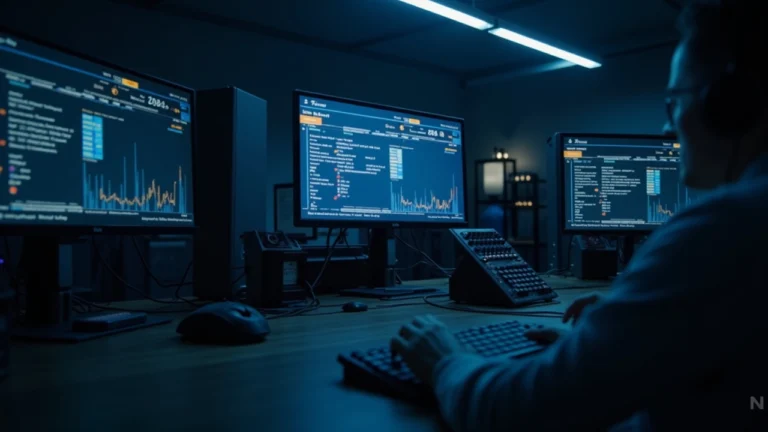 Editorial shot of an Ethereum validator rig in a dim newsroom, with a large screen showing exit-queue metrics.