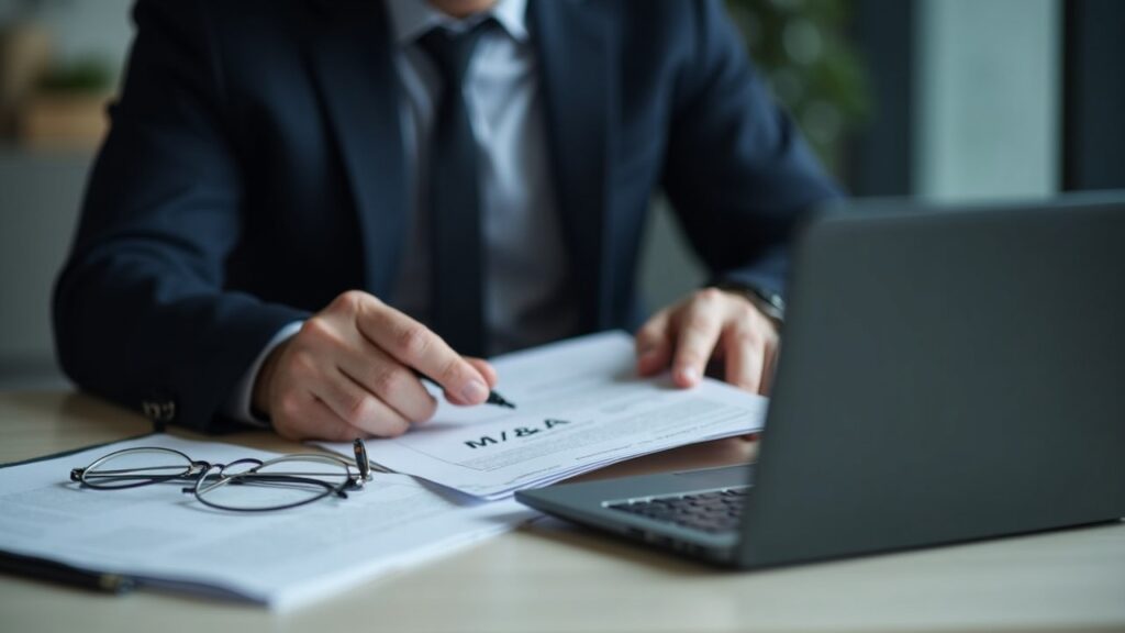 Editorial photo of a suited attorney at a desk with confidential M&A papers and a secured laptop.