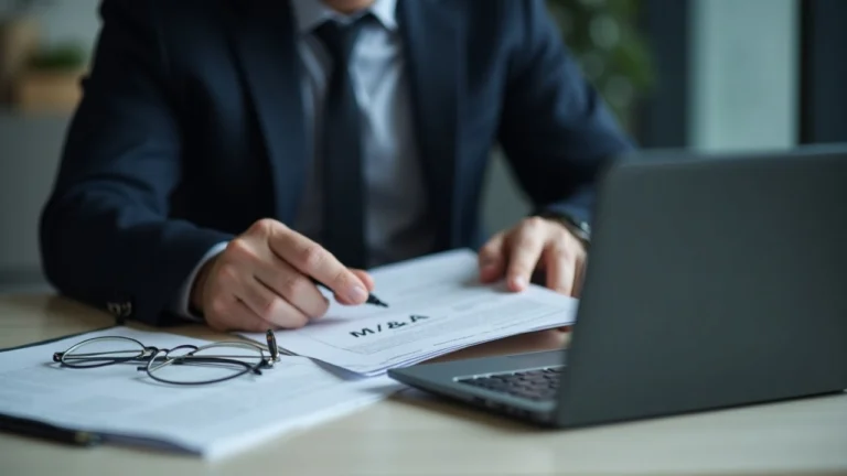 Editorial photo of a suited attorney at a desk with confidential M&A papers and a secured laptop.