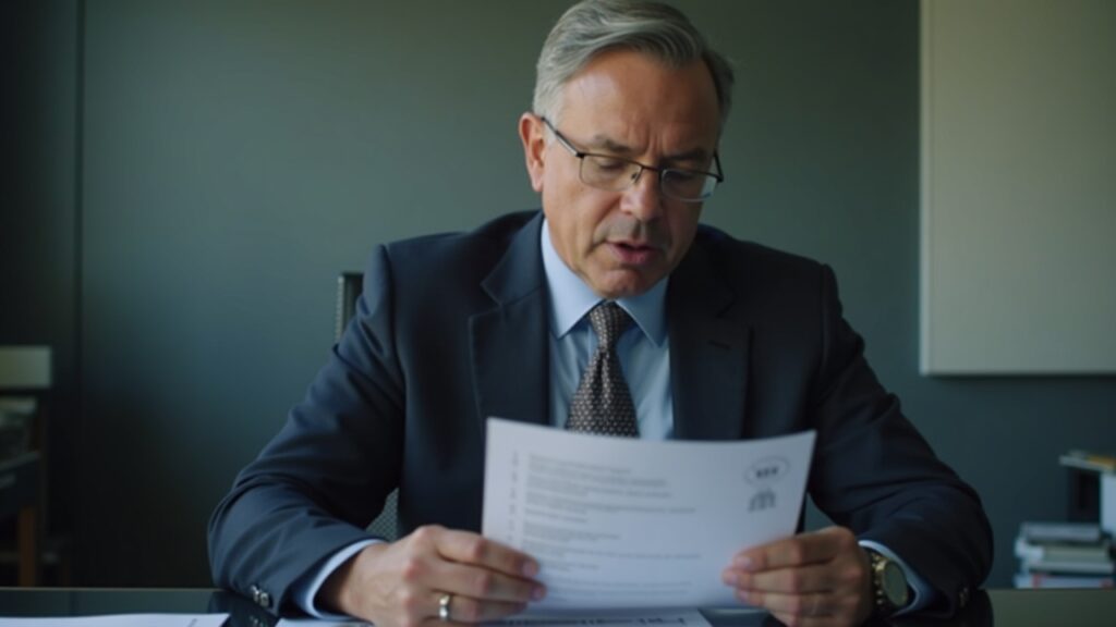 Editorial portrait of a Federal Reserve official reviewing a document about a new payment account for crypto firms.