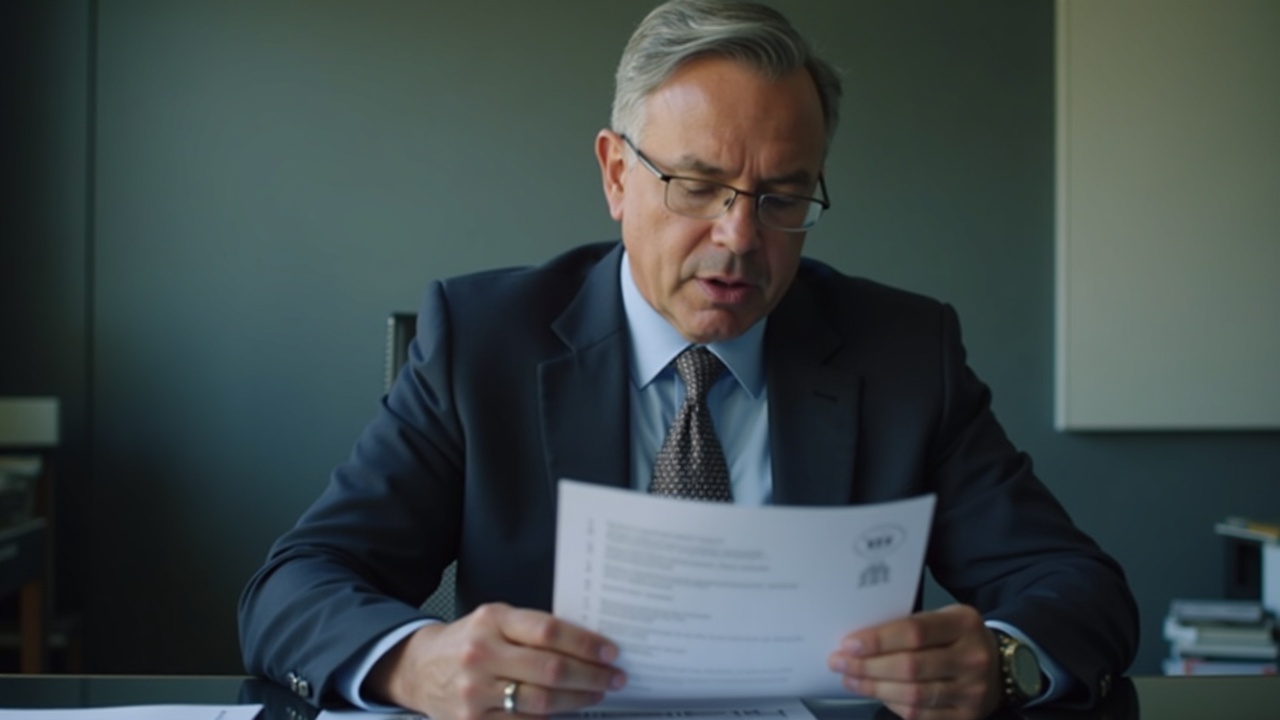 Editorial portrait of a Federal Reserve official reviewing a document about a new payment account for crypto firms.