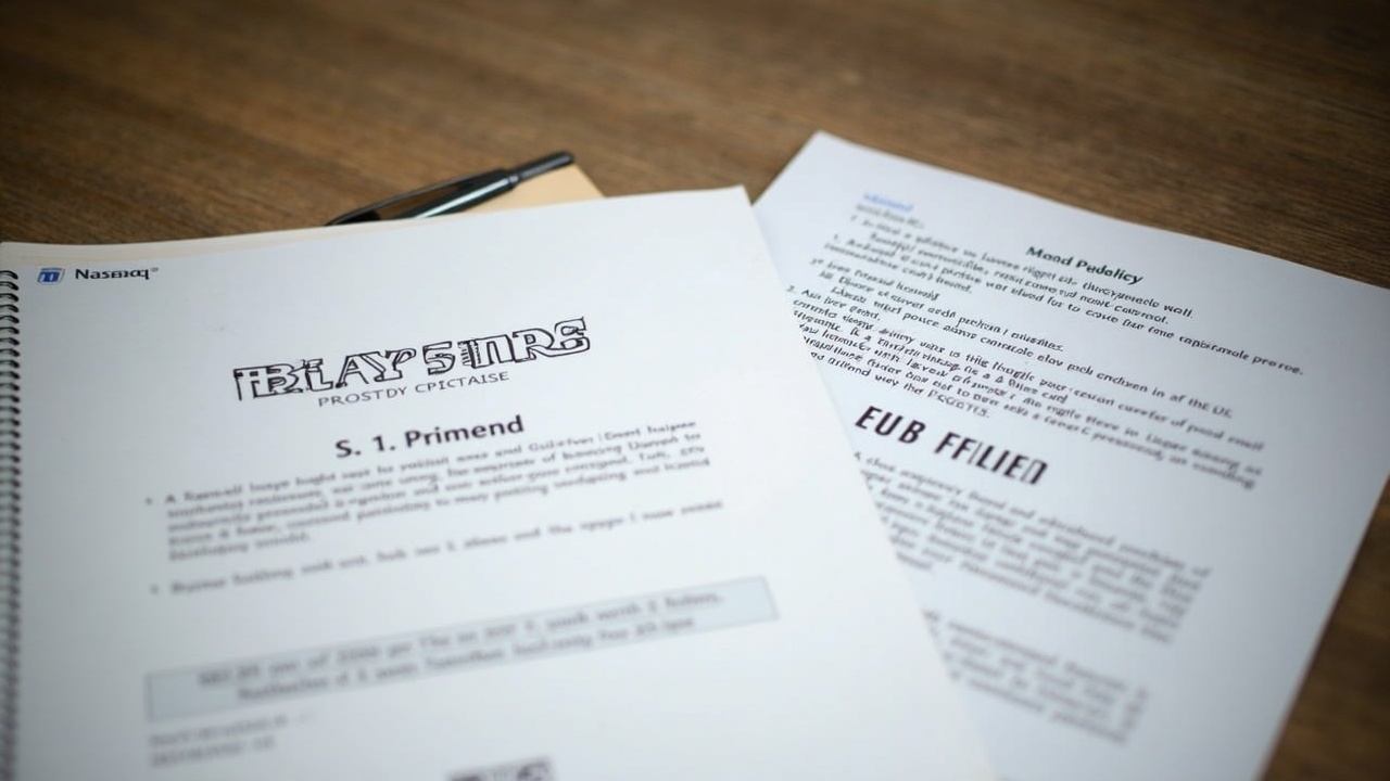Two amended S-1 filings for Grayscale and VanEck on a desk with Nasdaq references and Coinbase custody docs during SEC review